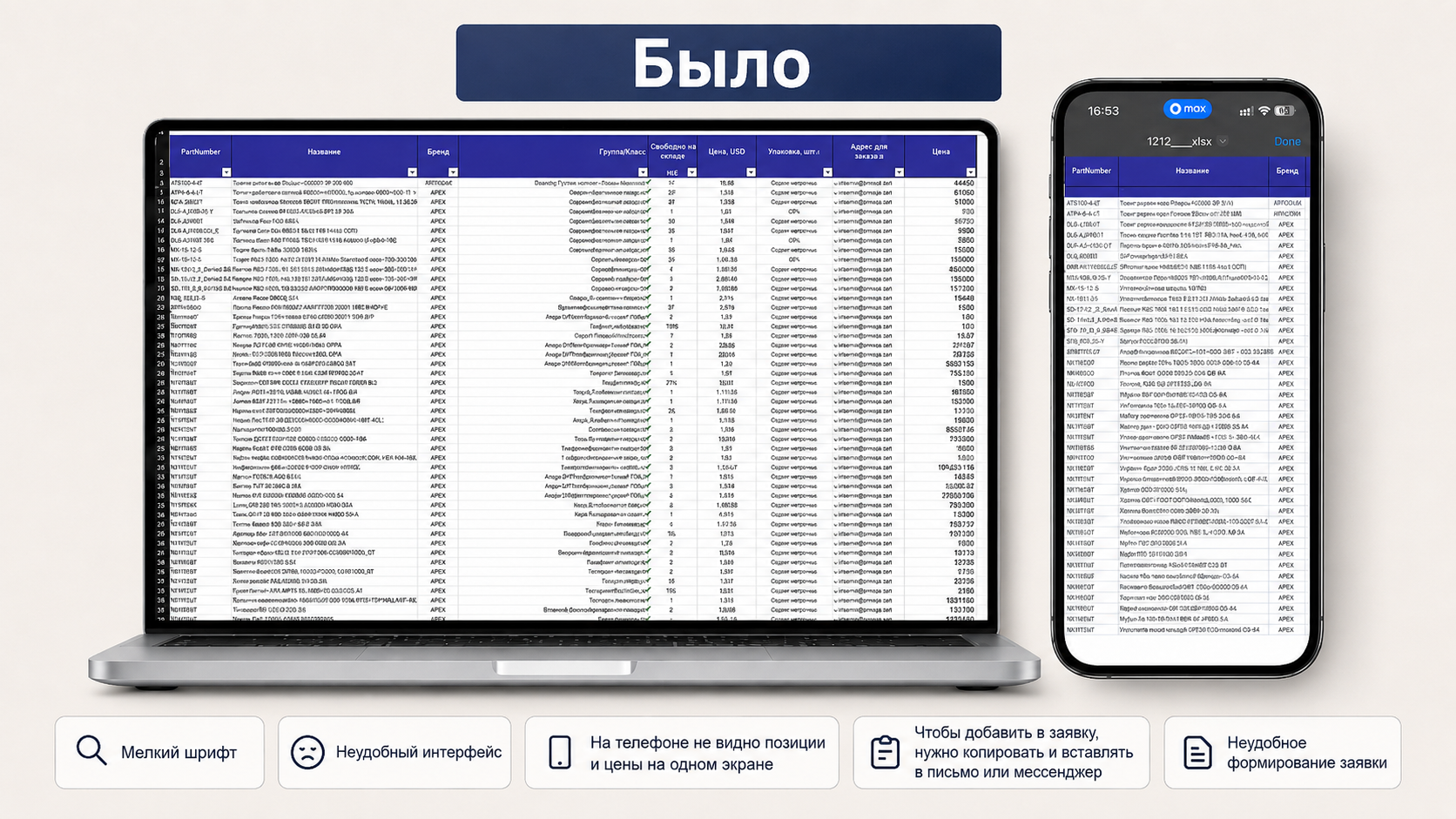 Было: сложная таблица прайса на компьютере и телефоне
